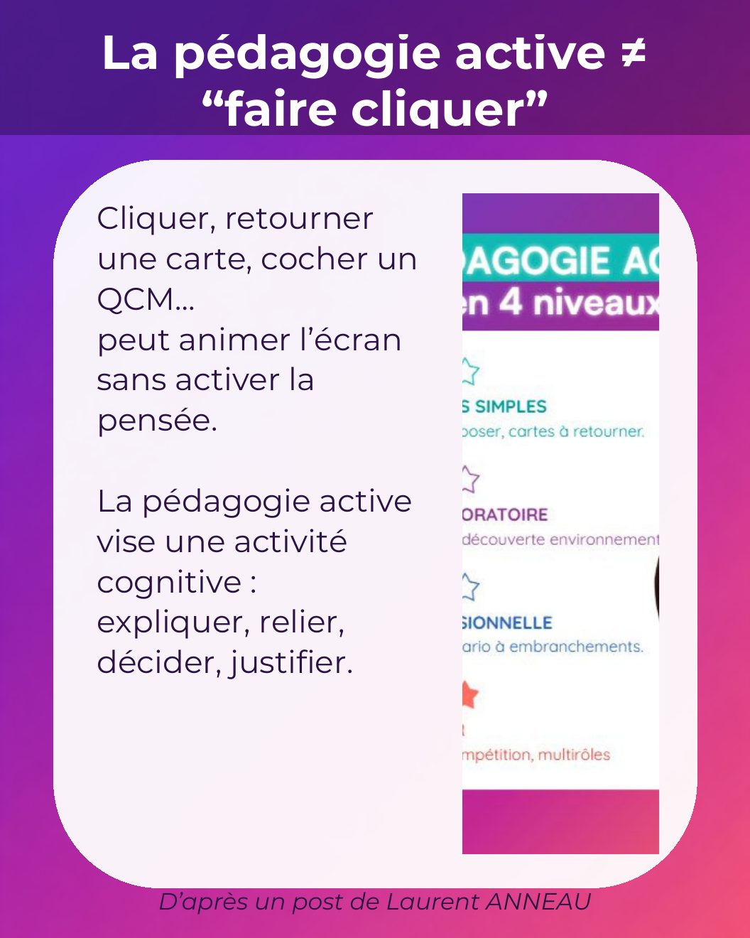 Couverture du carrousel Pédagogie active - Activer la pensée plutôt que les clics